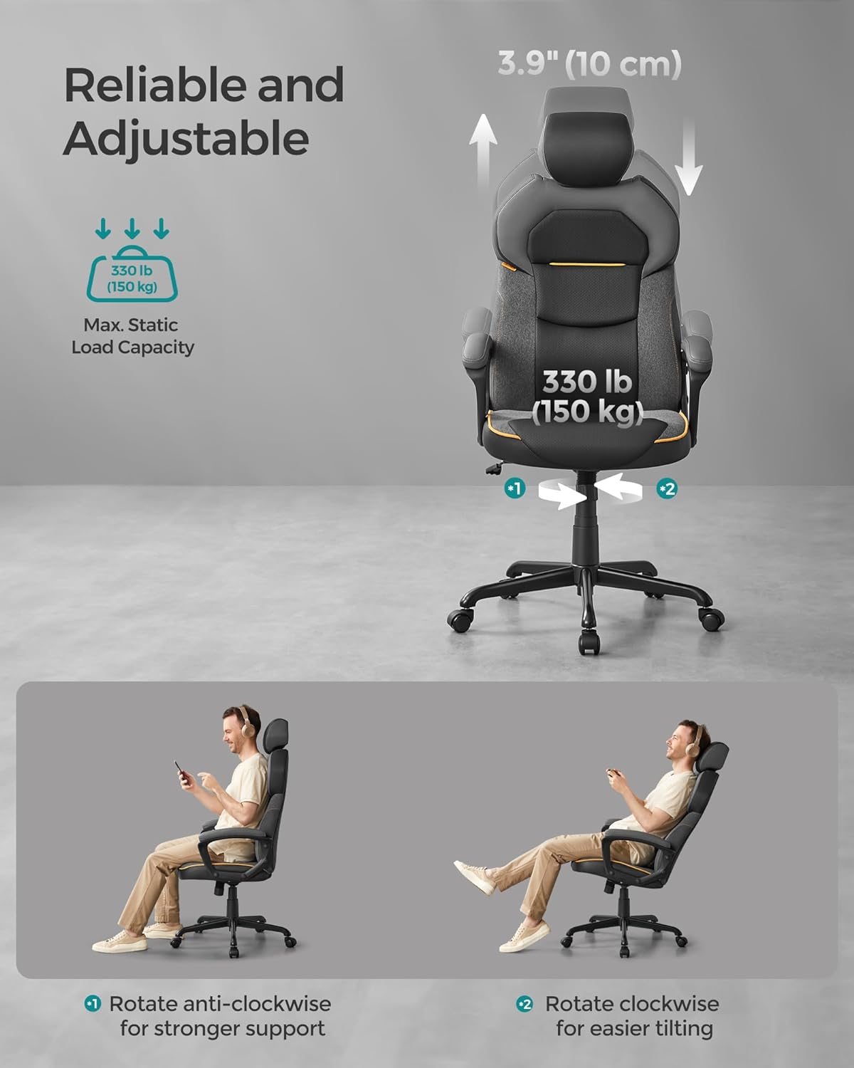 Office chair, office gaming chair, 68Dx68Wx134.5H cm, black office chair, Computer Chair, Nylon - SONGMICS 4