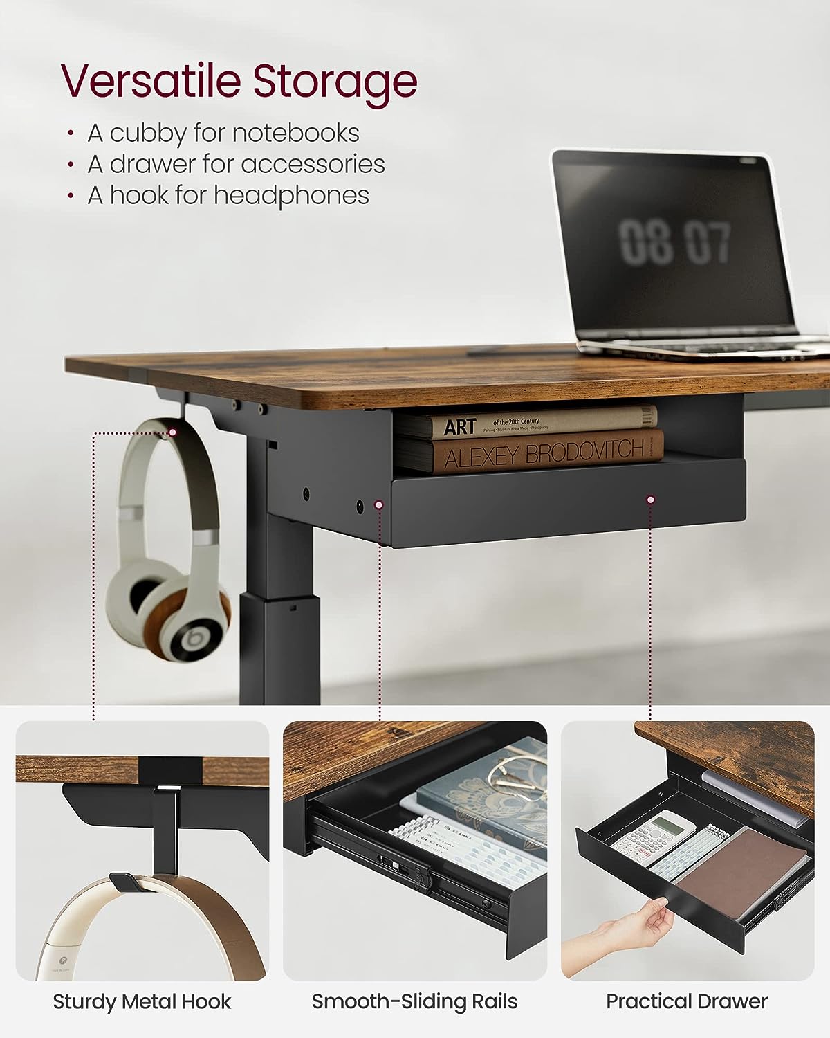 Height Adjustable Electric Standing Desk, 60 x 120 cm Desktop, Continuous Adjustment, Memory Function with 4 Heights, 7