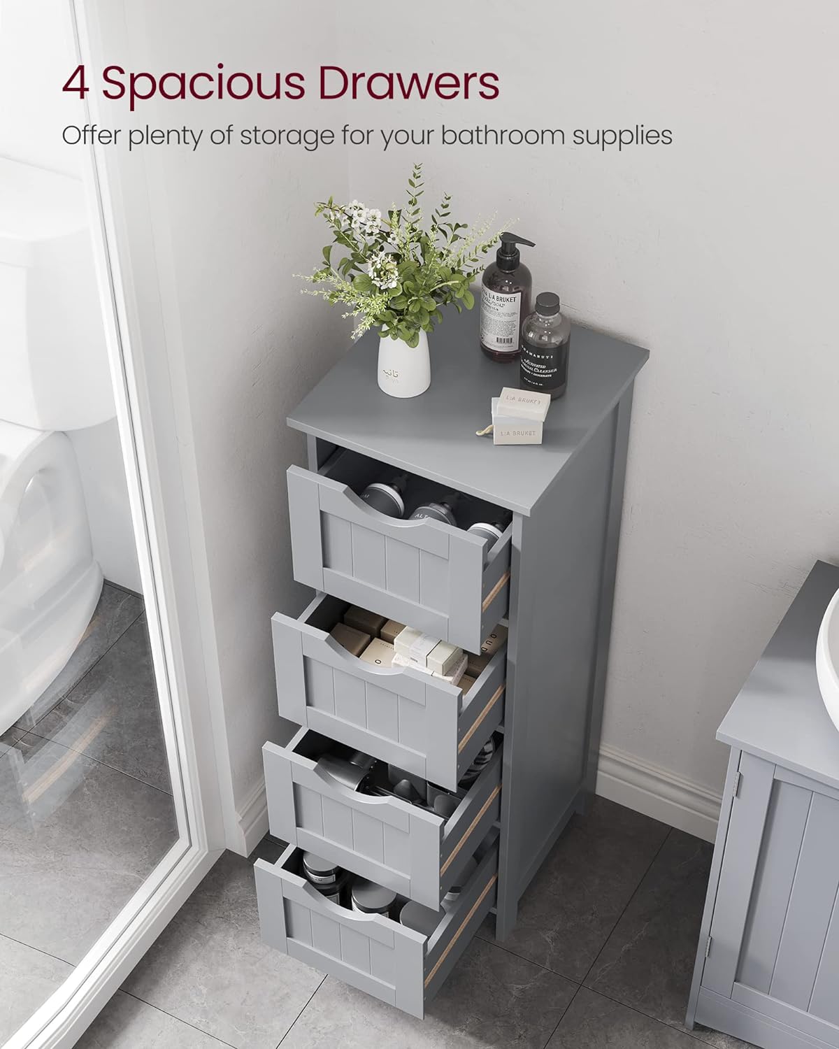 VASAGLE - Bathroom Floor Storage Cabinet, Bathroom Storage Unit with 4 Drawers, Bathroom Cabinet Freestanding, 30 x 30 x 82 cm