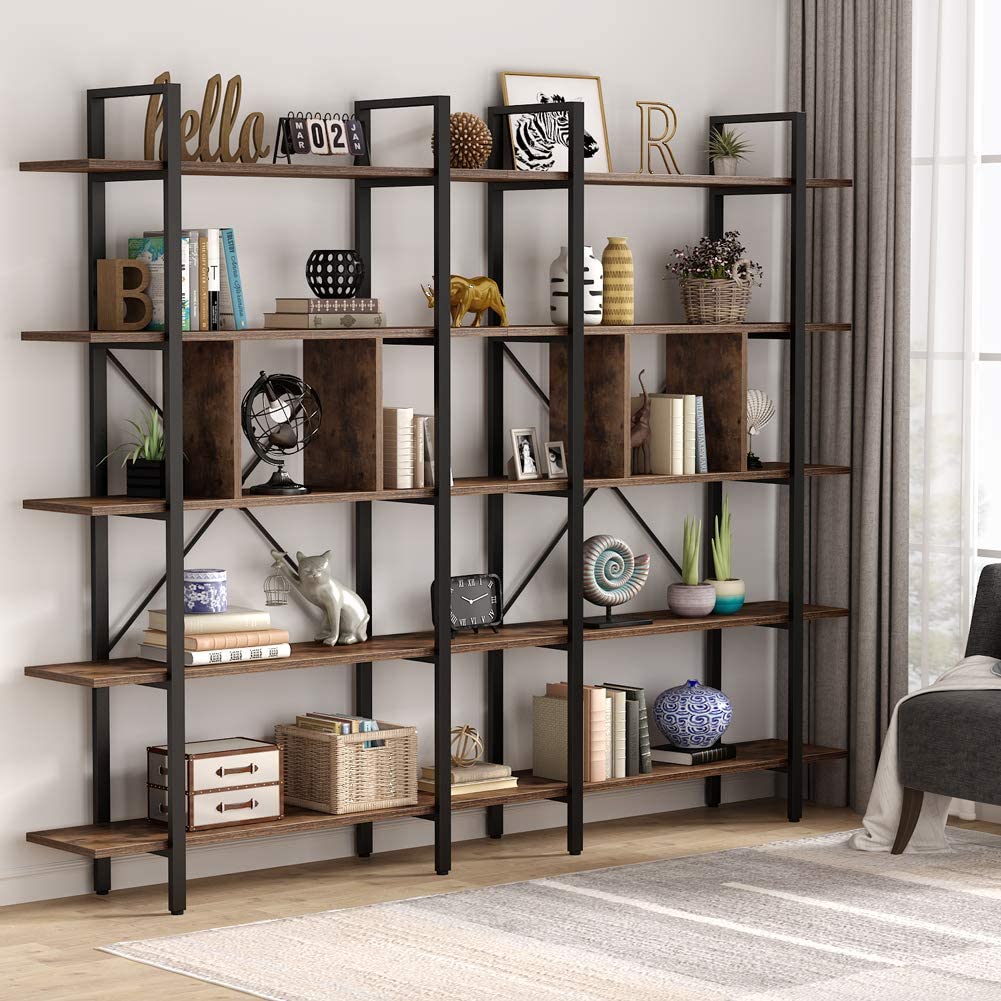 Bookshelf, 5-Tier Industrial Bookcase Display Storage Shelf, Bookcase with Storage, Living Room Bookcase, 3