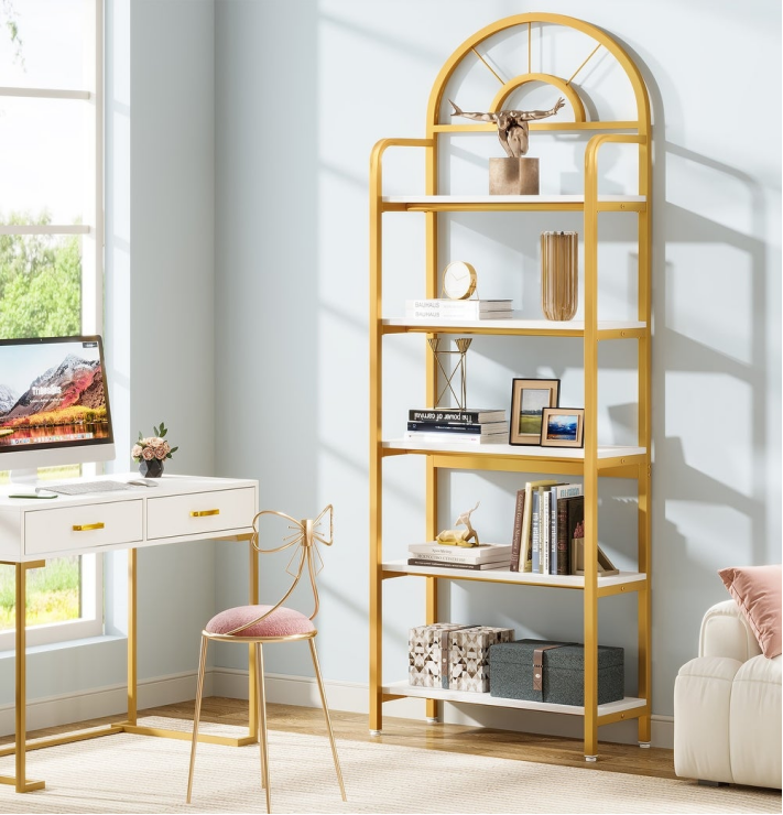 Bookshelf, 5-Tier Modern Arched Etagere Bookcase Storage Rack, Modern Luxury Look, Particleboard, metal frame, Tribesigns, 3