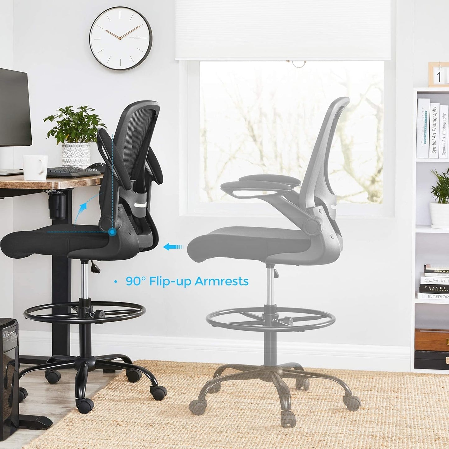 Office Chairs, Drafting Chair with Flip-up Armrests, Mesh Office Chair, Ergonomic Chair with Height Adjustable, SONGMICS, 3
