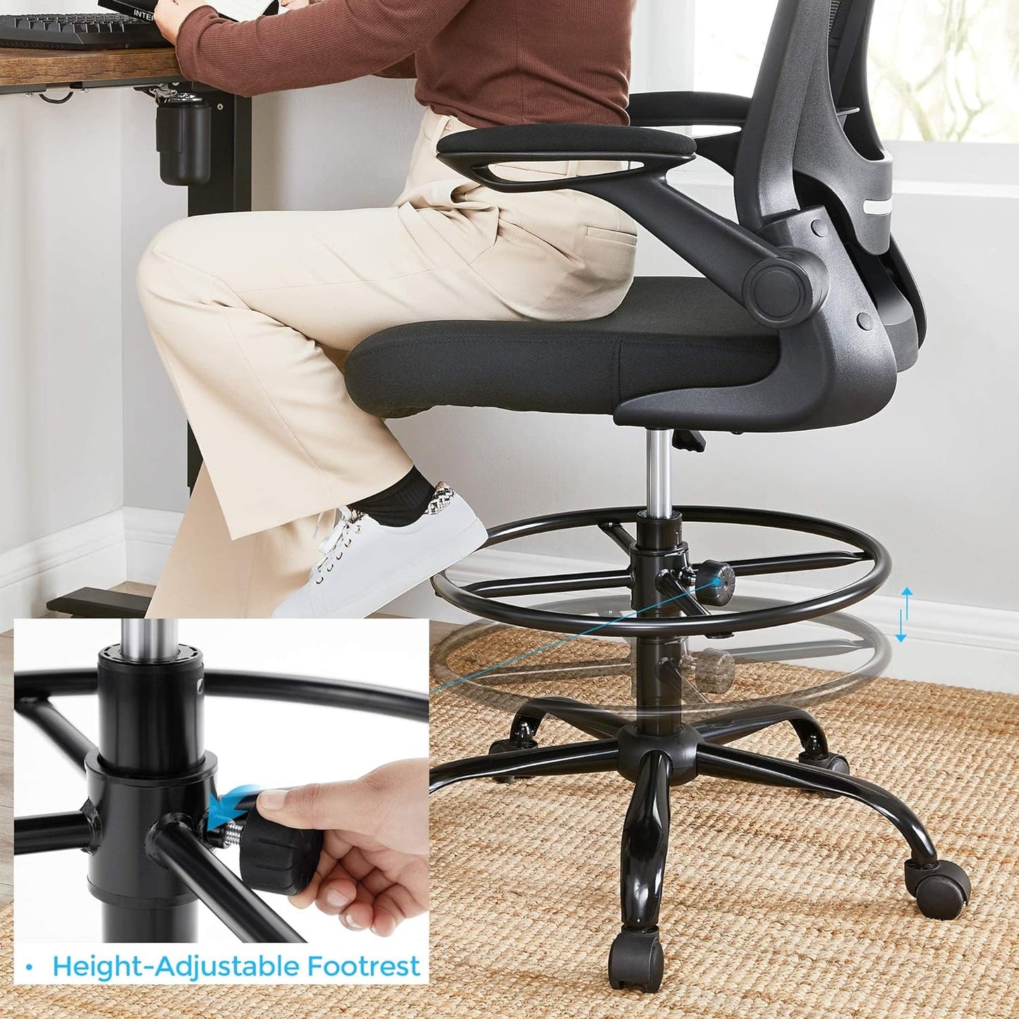 Office Chairs, Drafting Chair with Flip-up Armrests, Mesh Office Chair, Ergonomic Chair with Height Adjustable, SONGMICS, 4