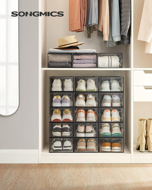 Clear Shoe Boxes, Set of 18 Shoe Storage Organsiers, Stackable, Breathable, and Foldable, for Max. UK Size 11, 2