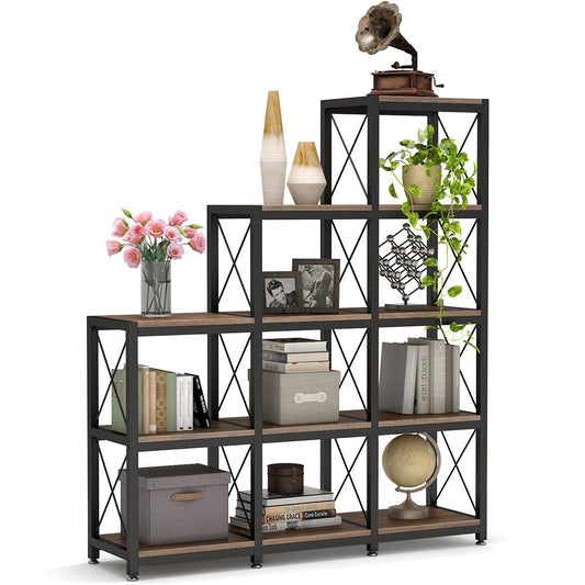 Bookshelf, 12 Shelves Industrial Bookcase, Industrial Corner Bookshelf, 9 Cubes Stepped Bookcase, Shelf Storage Organizer, 5