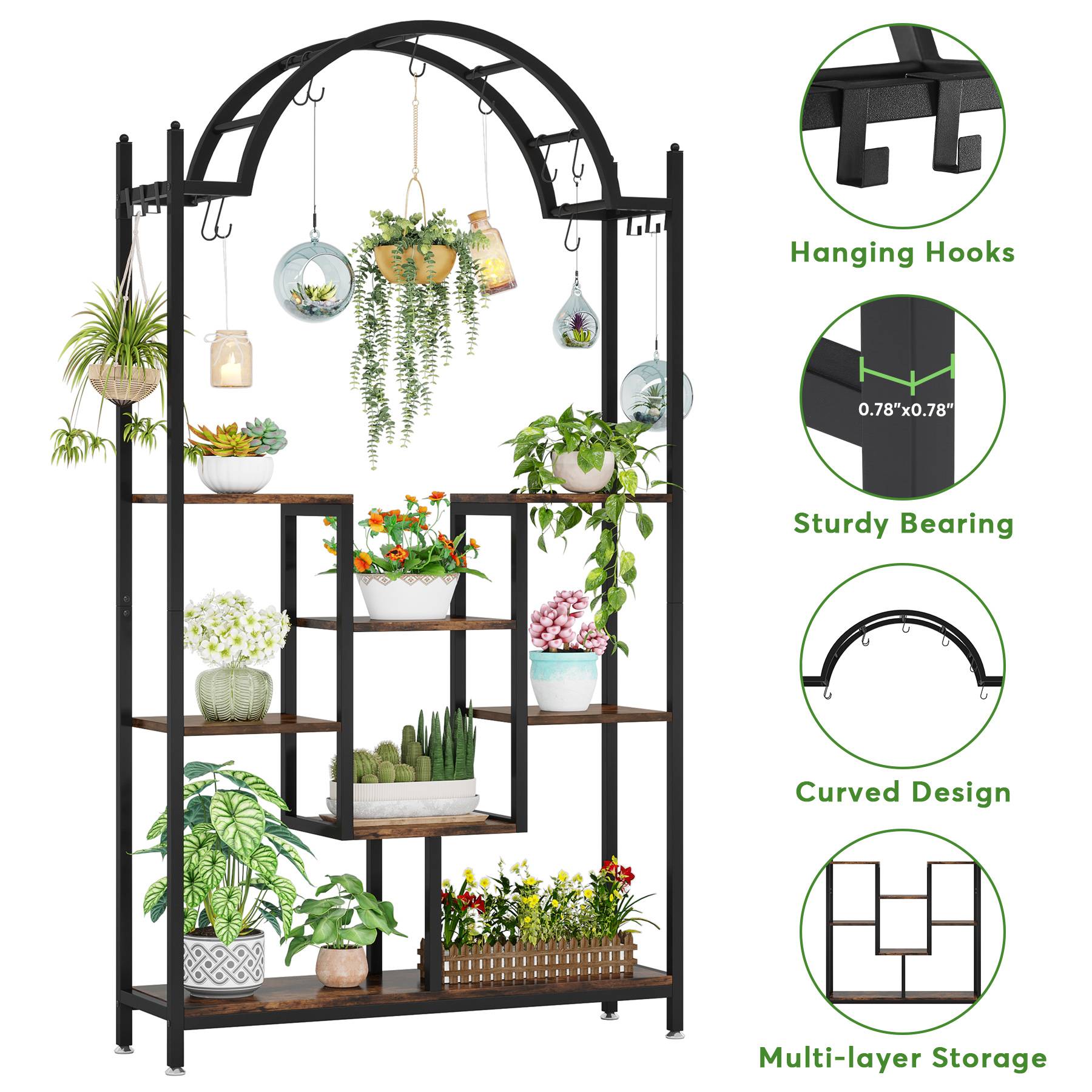 Plant Stand, 74.8" Arched Flower Stands with Hanging Hooks, Tribesigns, 7