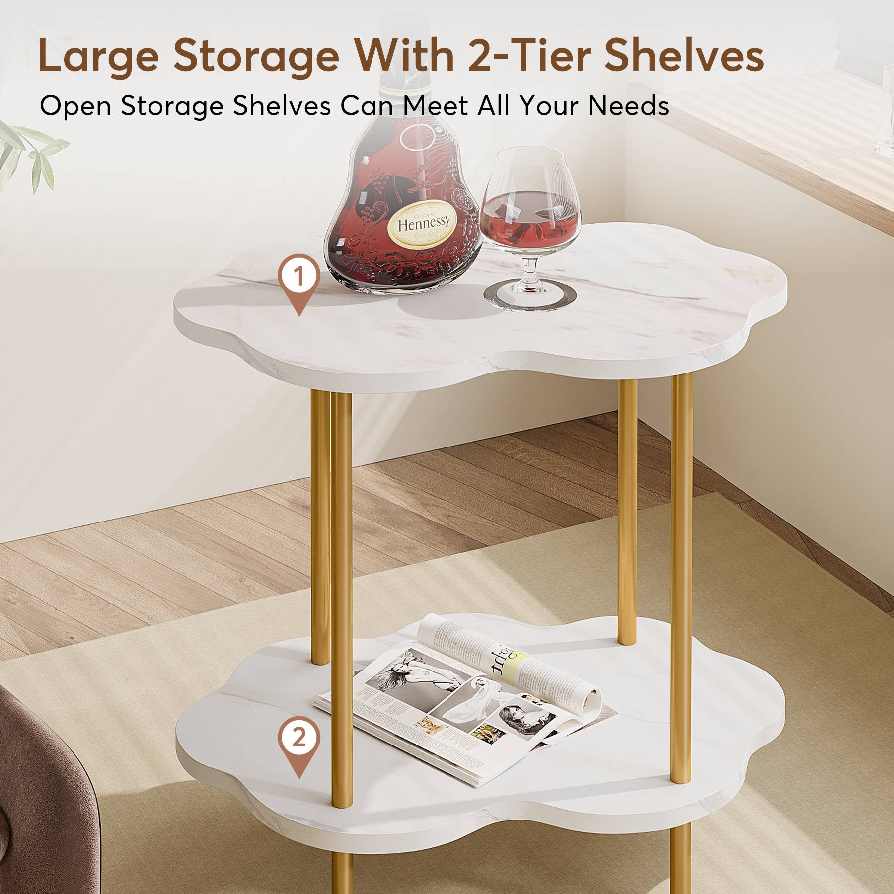 End Table, Faux Marble Cloud-Shaped Side Table with 2-Tier Shelves, Tribesigns, 8