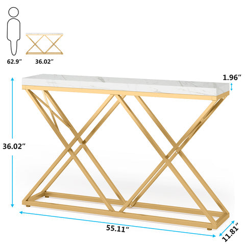 Console Table, 55", Console Table for Hallway, Modern Entryway Sofa Table with Gold Metal Legs, White & Gold, Tribesigns, 6