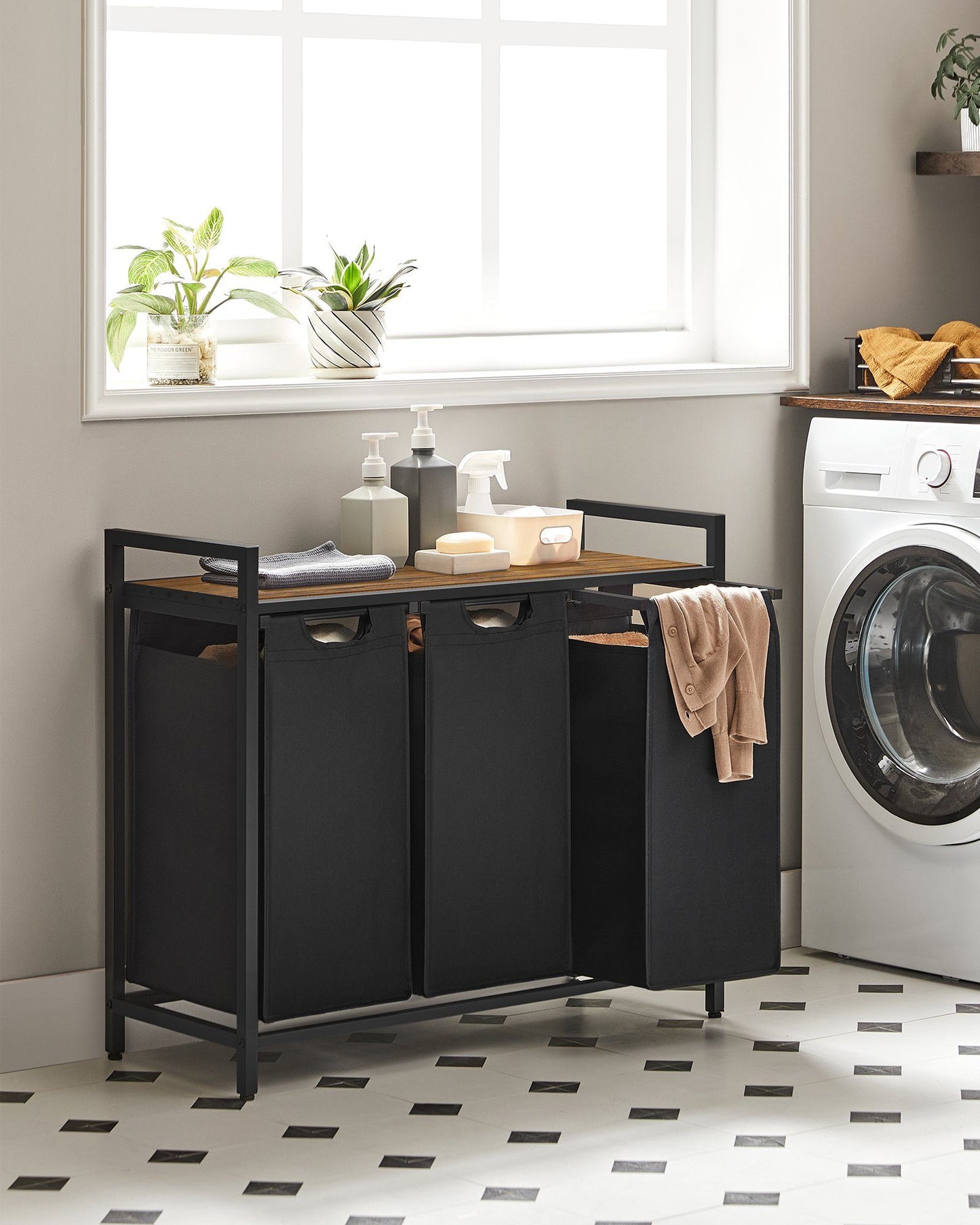 Laundry Basket, 3-Compartment Laundry Hamper, Pull-Out and Removable Laundry Bags, 3 x 38L