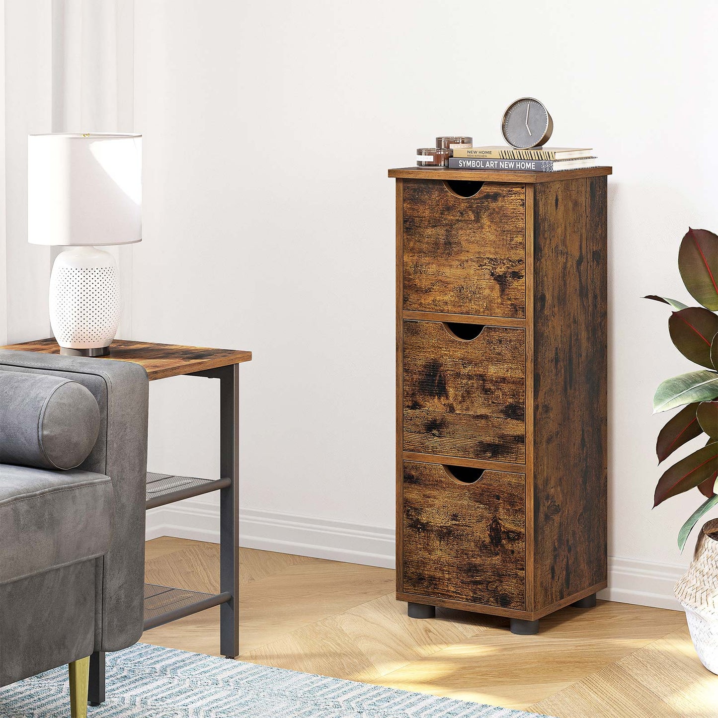 VASAGLE - Bathroom Floor Cabinet, Slim Storage Unit 3 Drawers, 30 x 30 x 80 cm, for Bathroom, Living Room, Bedroom, Kitchen, Rustic Brown
