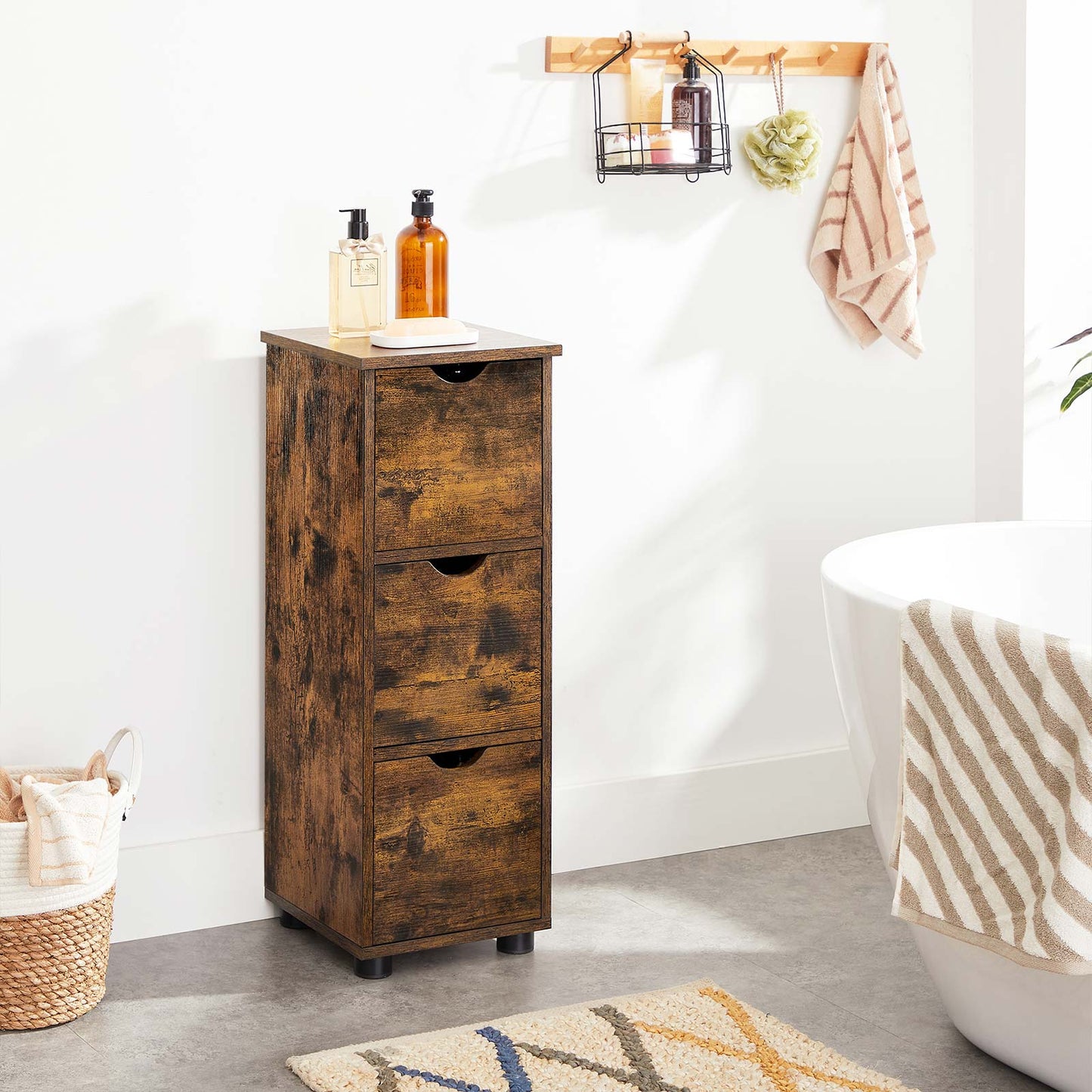 VASAGLE - Bathroom Floor Cabinet, Slim Storage Unit 3 Drawers, 30 x 30 x 80 cm, for Bathroom, Living Room, Bedroom, Kitchen, Rustic Brown