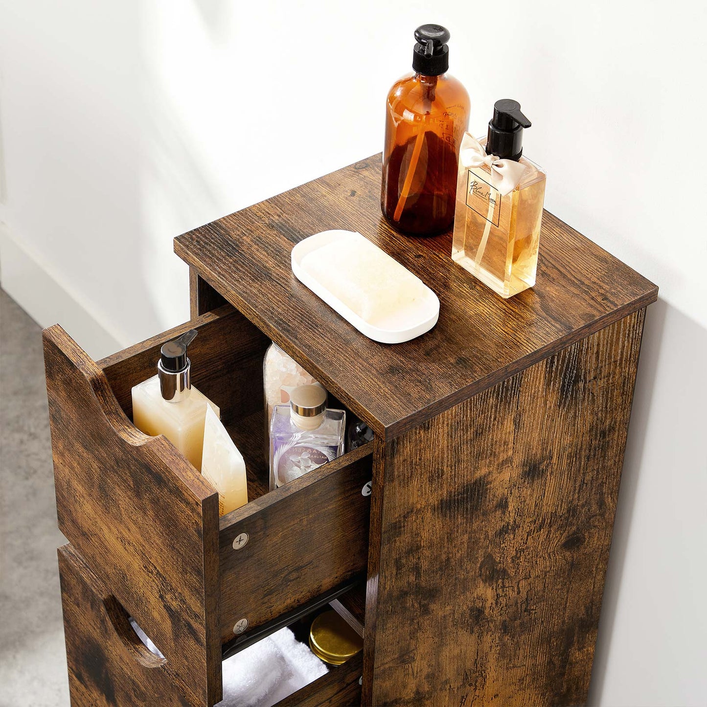 VASAGLE - Bathroom Floor Cabinet, Slim Storage Unit 3 Drawers, 30 x 30 x 80 cm, for Bathroom, Living Room, Bedroom, Kitchen, Rustic Brown
