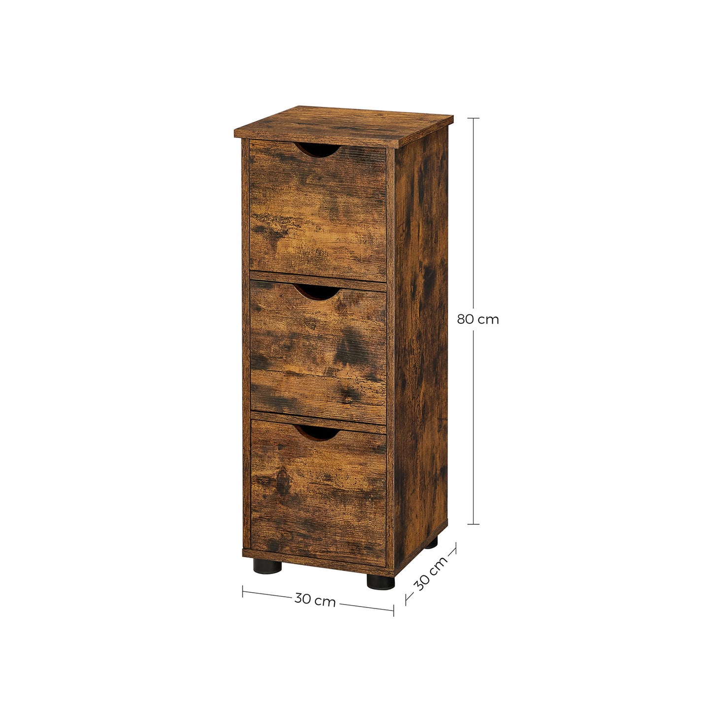 VASAGLE - Bathroom Floor Cabinet, Slim Storage Unit 3 Drawers, 30 x 30 x 80 cm, for Bathroom, Living Room, Bedroom, Kitchen, Rustic Brown