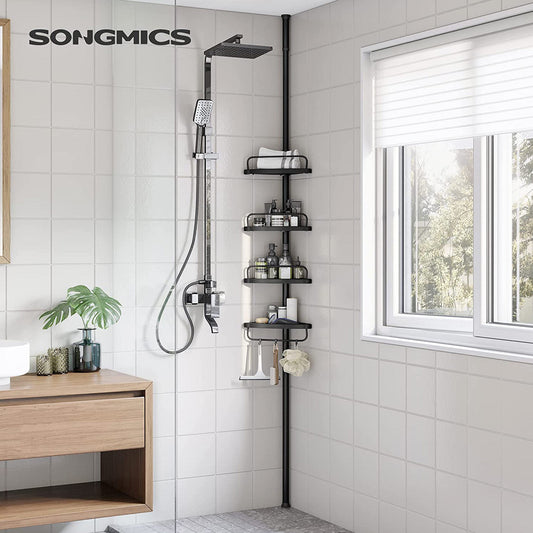 85-305 cm 4 Tier Adjustable Bathroom Corner Shelf Shower Rack Caddy Shelves Telescopic Organiser, SONGMICS, 1