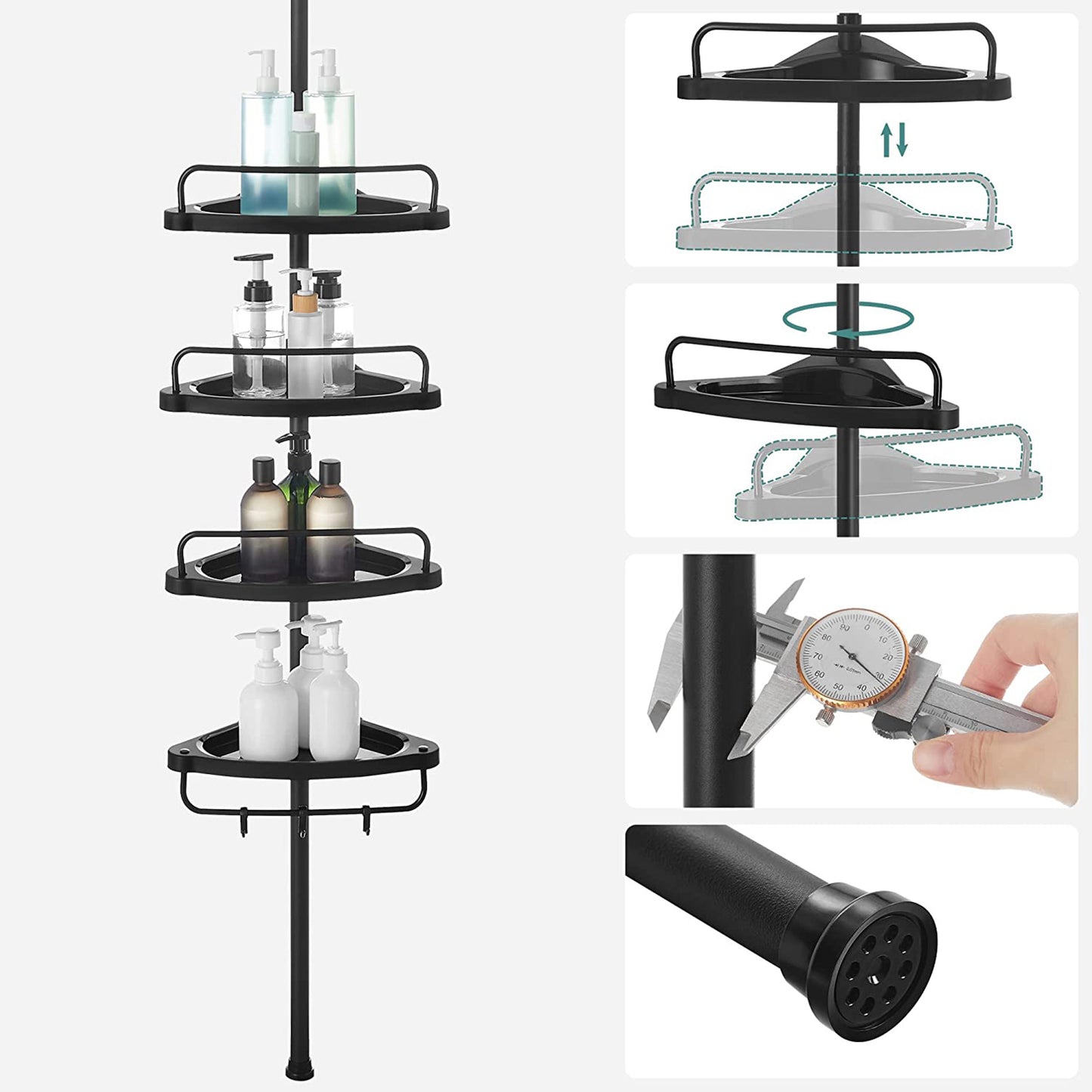 85-305 cm 4 Tier Adjustable Bathroom Corner Shelf Shower Rack Caddy Shelves Telescopic Organiser, SONGMICS, 3