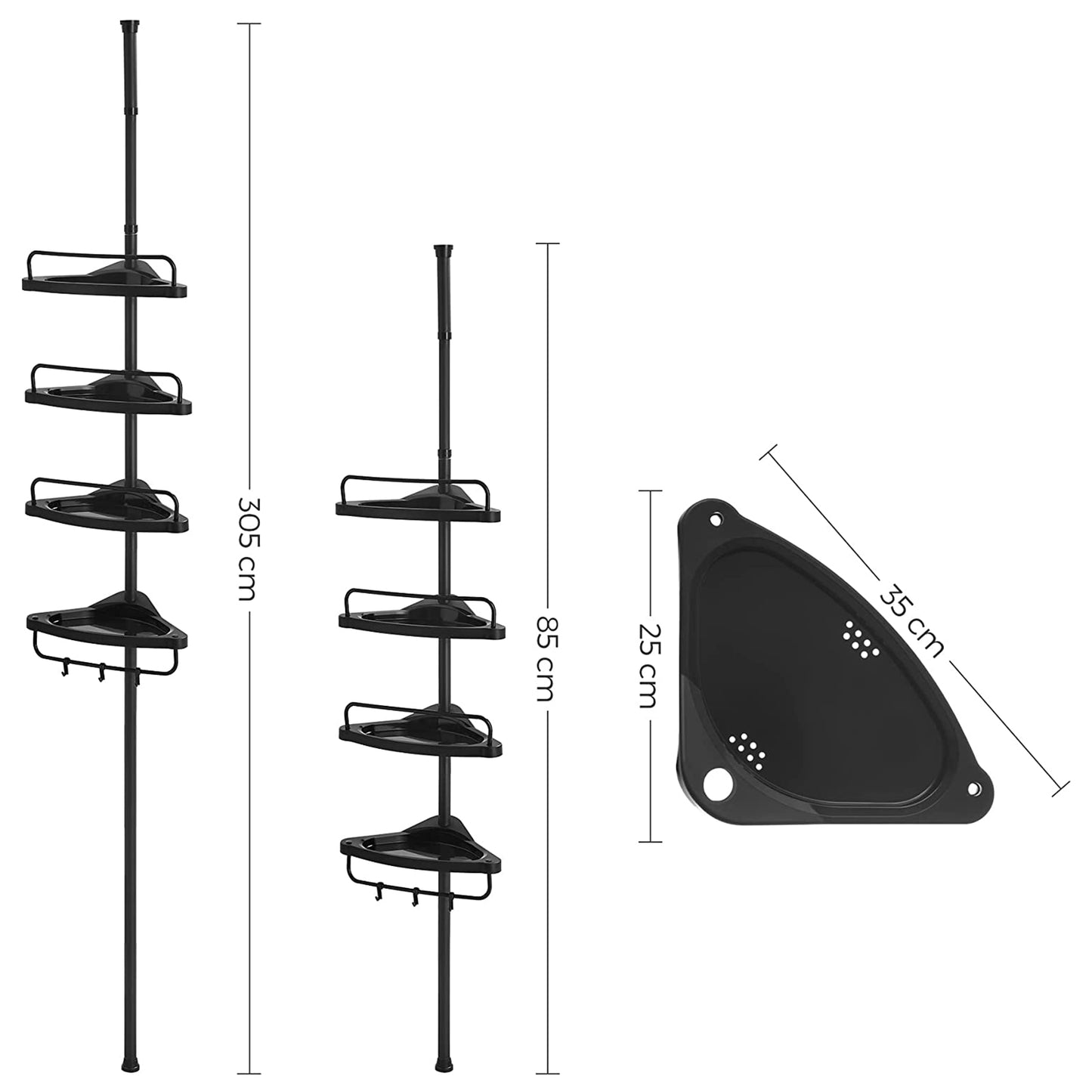85-305 cm 4 Tier Adjustable Bathroom Corner Shelf Shower Rack Caddy Shelves Telescopic Organiser, SONGMICS, 4