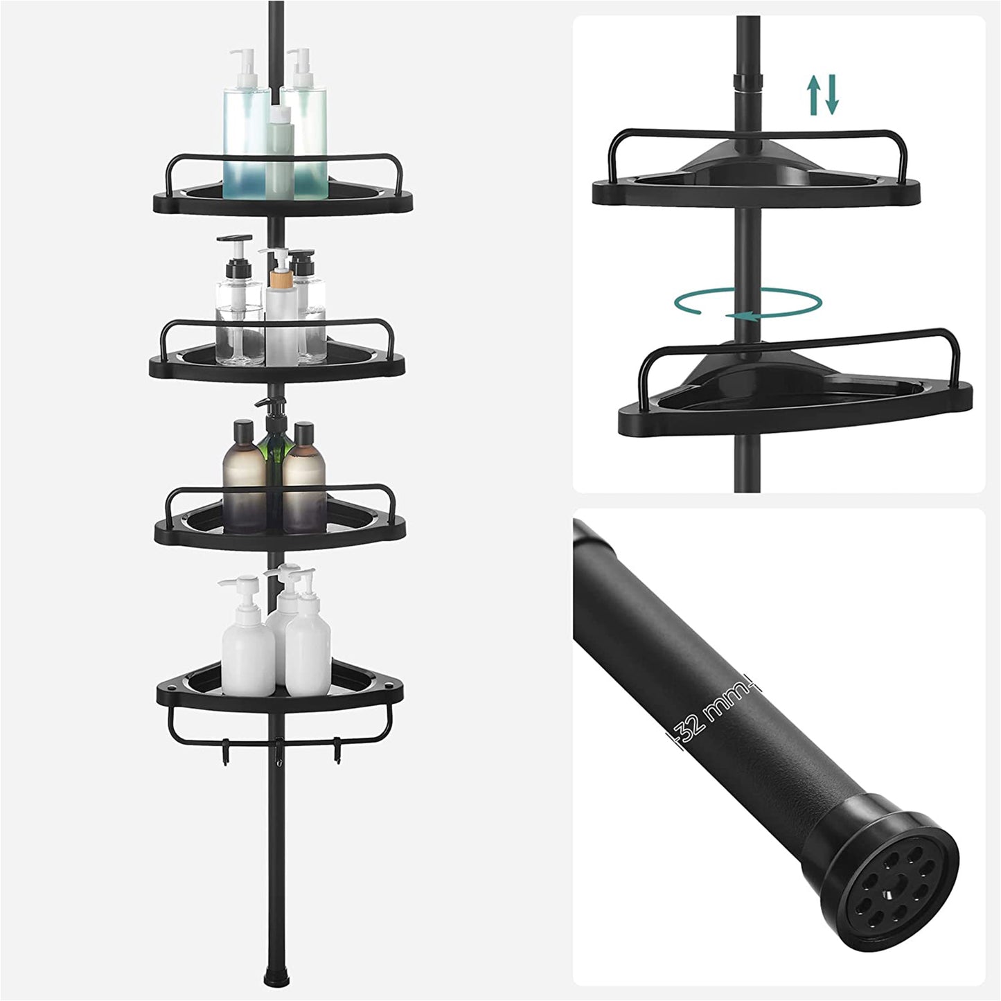 85-305 cm 4 Tier Adjustable Bathroom Corner Shelf Shower Rack Caddy Shelves Telescopic Organiser, SONGMICS, 6