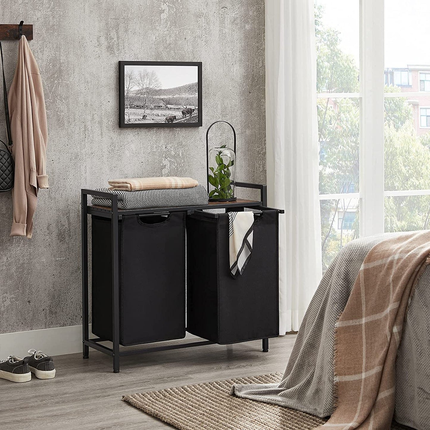 VASAGLE - Laundry Basket, Laundry Sorter with Shelf and Pull-Out Bags, Laundry Organiser, Metal Frame, 2 Oxford Fabric Removable Bags