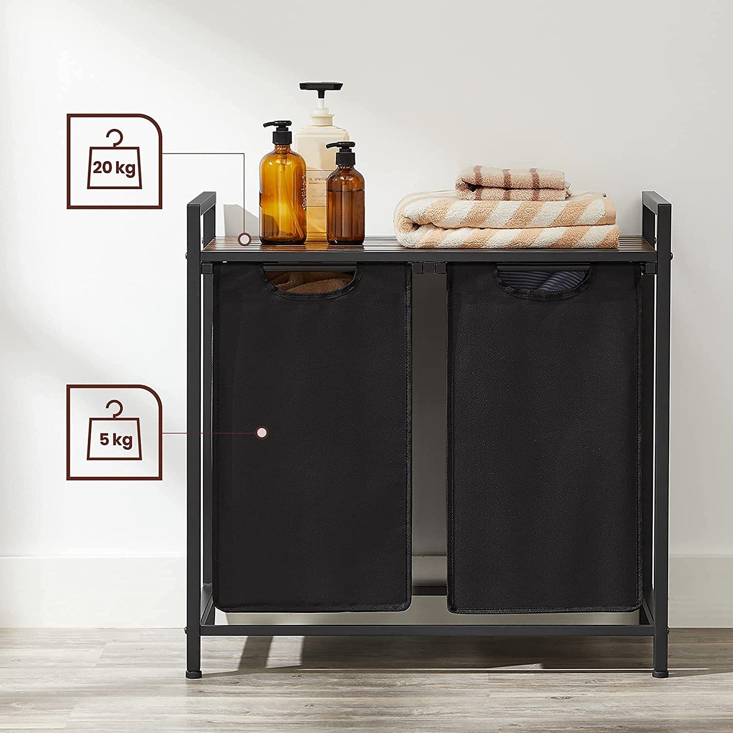 VASAGLE - Laundry Basket, Laundry Sorter with Shelf and Pull-Out Bags, Laundry Organiser, Metal Frame, 2 Oxford Fabric Removable Bags