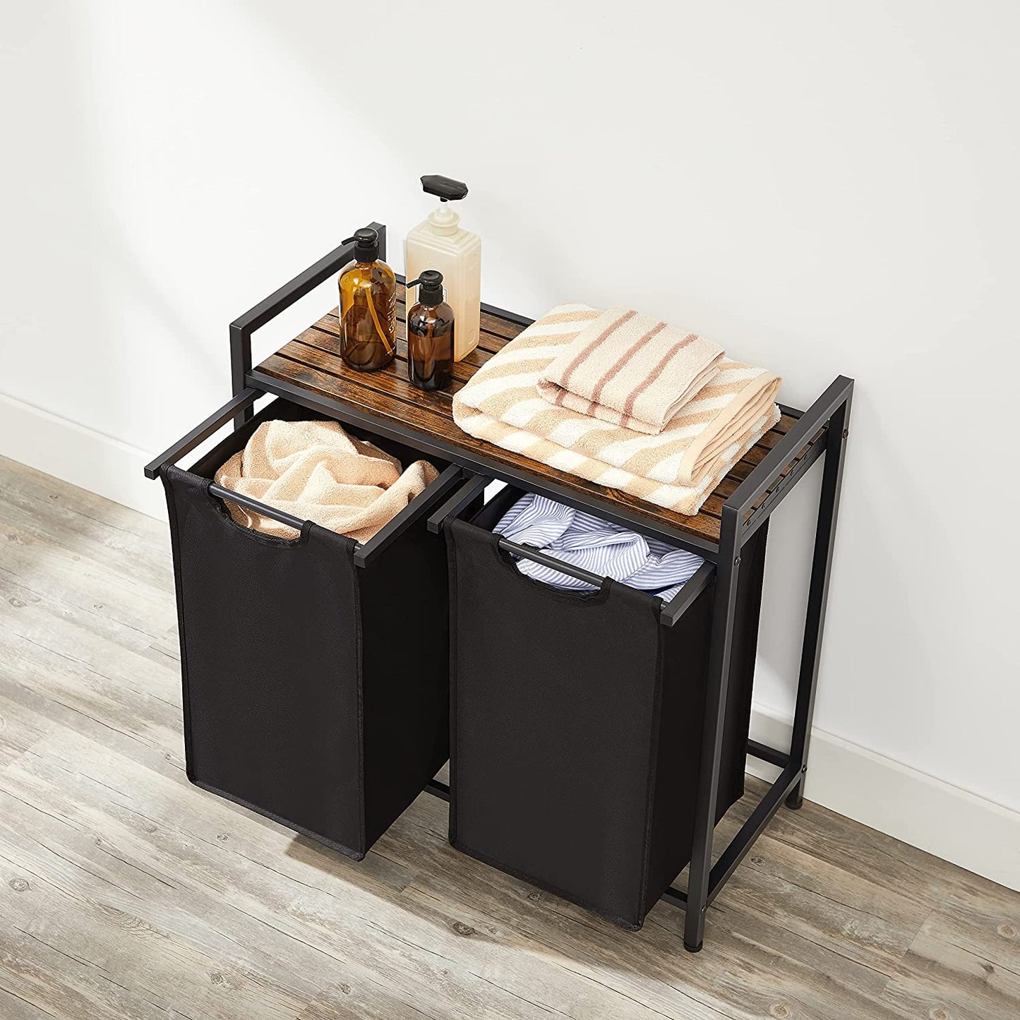 VASAGLE - Laundry Basket, Laundry Sorter with Shelf and Pull-Out Bags, Laundry Organiser, Metal Frame, 2 Oxford Fabric Removable Bags