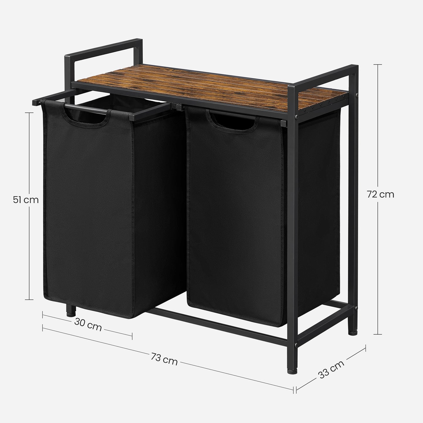 VASAGLE - Laundry Basket, Laundry Sorter with Shelf and Pull-Out Bags, Laundry Organiser, Metal Frame, 2 Oxford Fabric Removable Bags