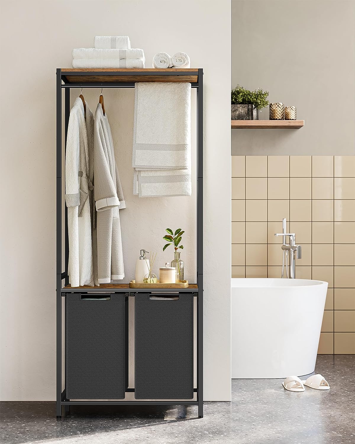 Laundry Basket, 2-Section Laundry Hamper with 2 Shelves, Pull-Out and Removable Liners, Clothes Rail, 2 x 12.1 Gal., Brown Black, VASAGLE, 8