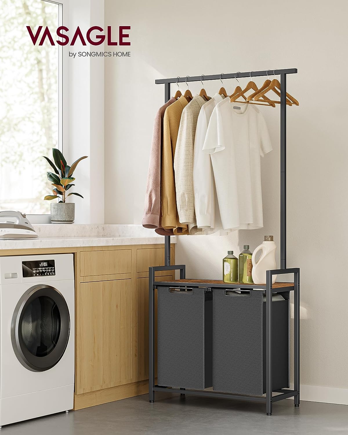 Laundry basket with 2 compartments, with clothes rail, laundry sorter with shelf, pull-out laundry bag, removable, 2 x 46 l