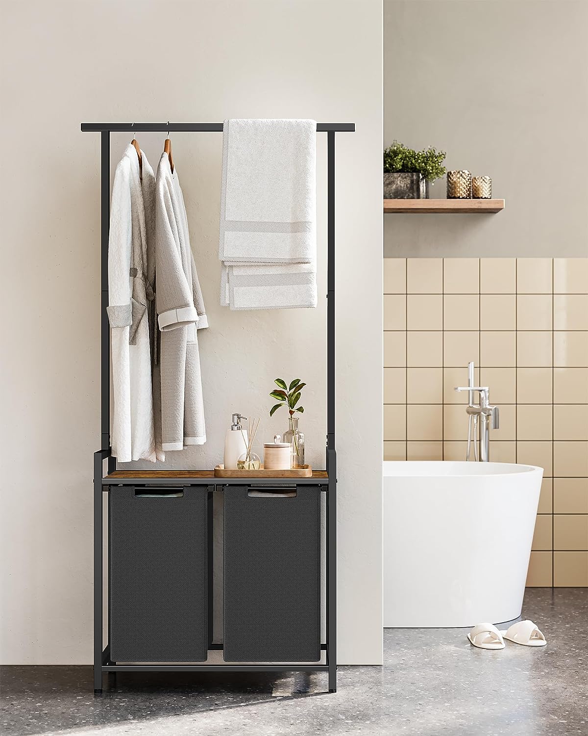 Laundry basket with 2 compartments, with clothes rail and shelf, pull-out laundry bag, removable, 2 x 46 L, VASAGLE, 6