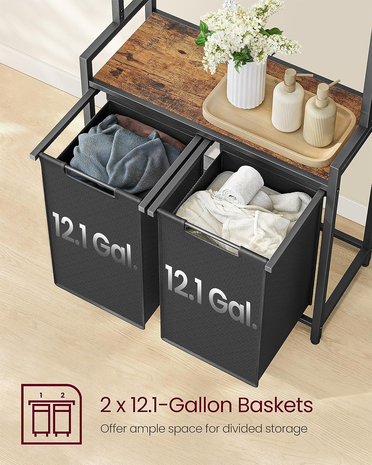 Laundry basket with 2 compartments, with clothes rail and shelf, pull-out laundry bag, removable, 2 x 46 L, VASAGLE, 4