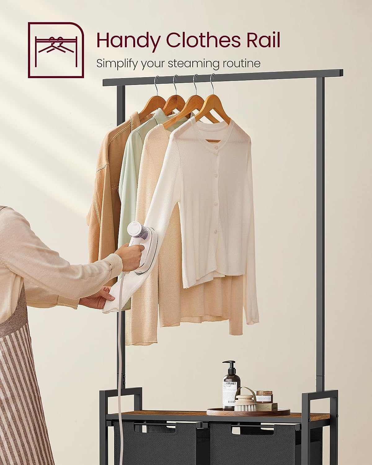 Laundry basket with 2 compartments, with clothes rail and shelf, pull-out laundry bag, removable, 2 x 46 L, VASAGLE, 3