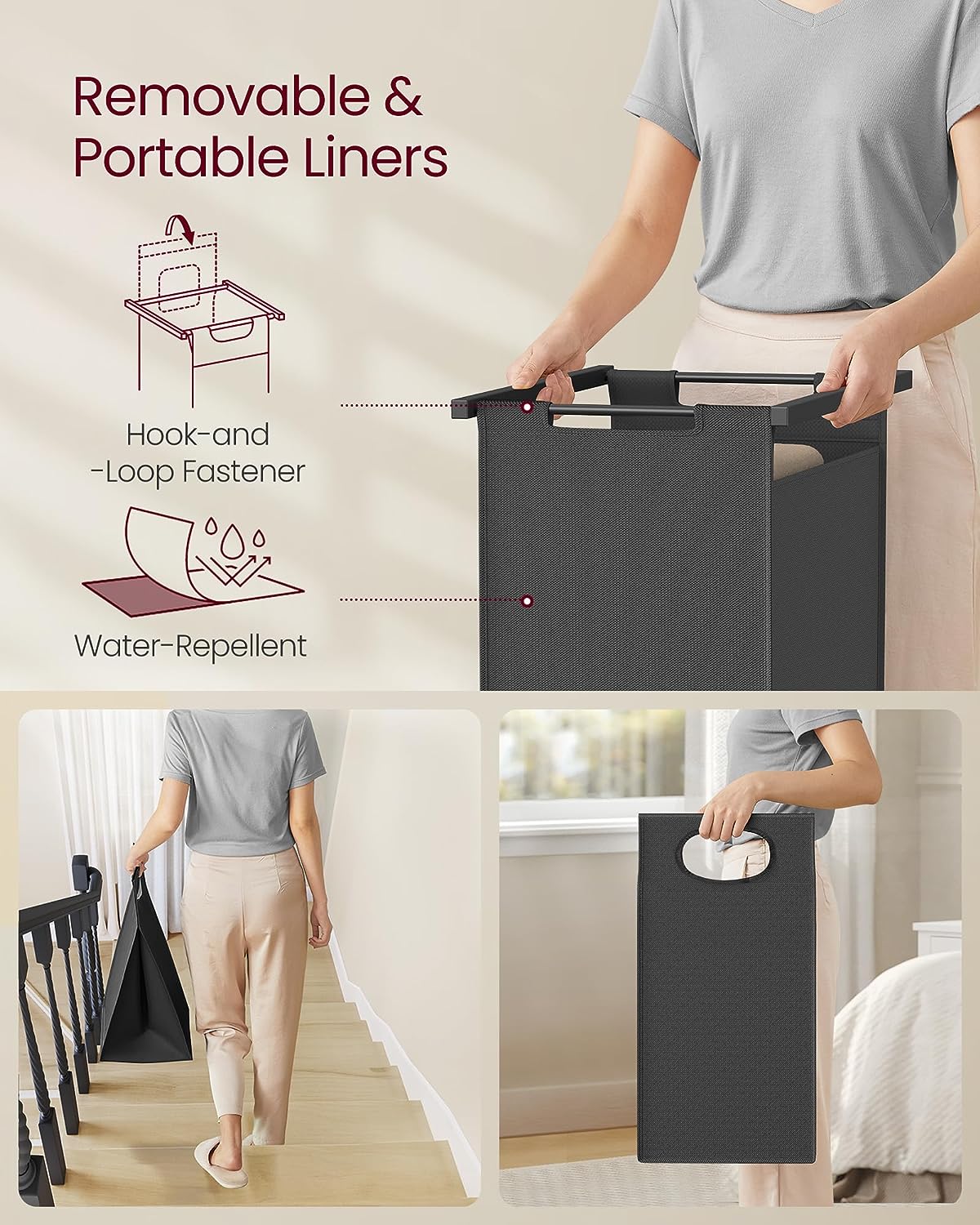Laundry basket with 2 compartments, with clothes rail and shelf, pull-out laundry bag, removable, 2 x 46 L, VASAGLE, 2