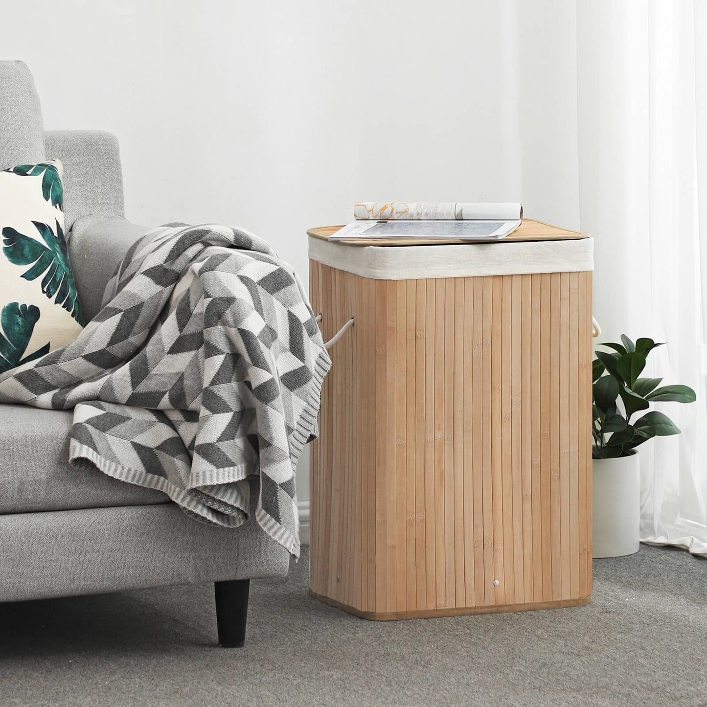 Bamboo Laundry Basket, XL Foldable Storage Hamper with Removable Washable Lining, 72L, 40 x 30 x 60 cm, Natural, 2