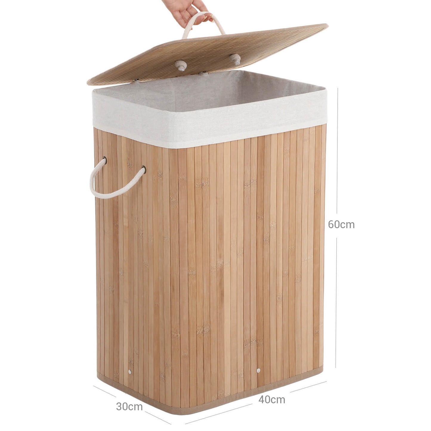 Bamboo Laundry Basket, XL Foldable Storage Hamper with Removable Washable Lining, 72L, 40 x 30 x 60 cm, Natural, 6