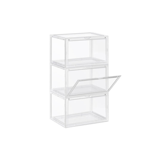 Shoe Boxes, Pack of 3 Stackable Shoe Organisers with Clear Door, Plastic Shoe Storage for UK Size 11, SONGMICS, 2