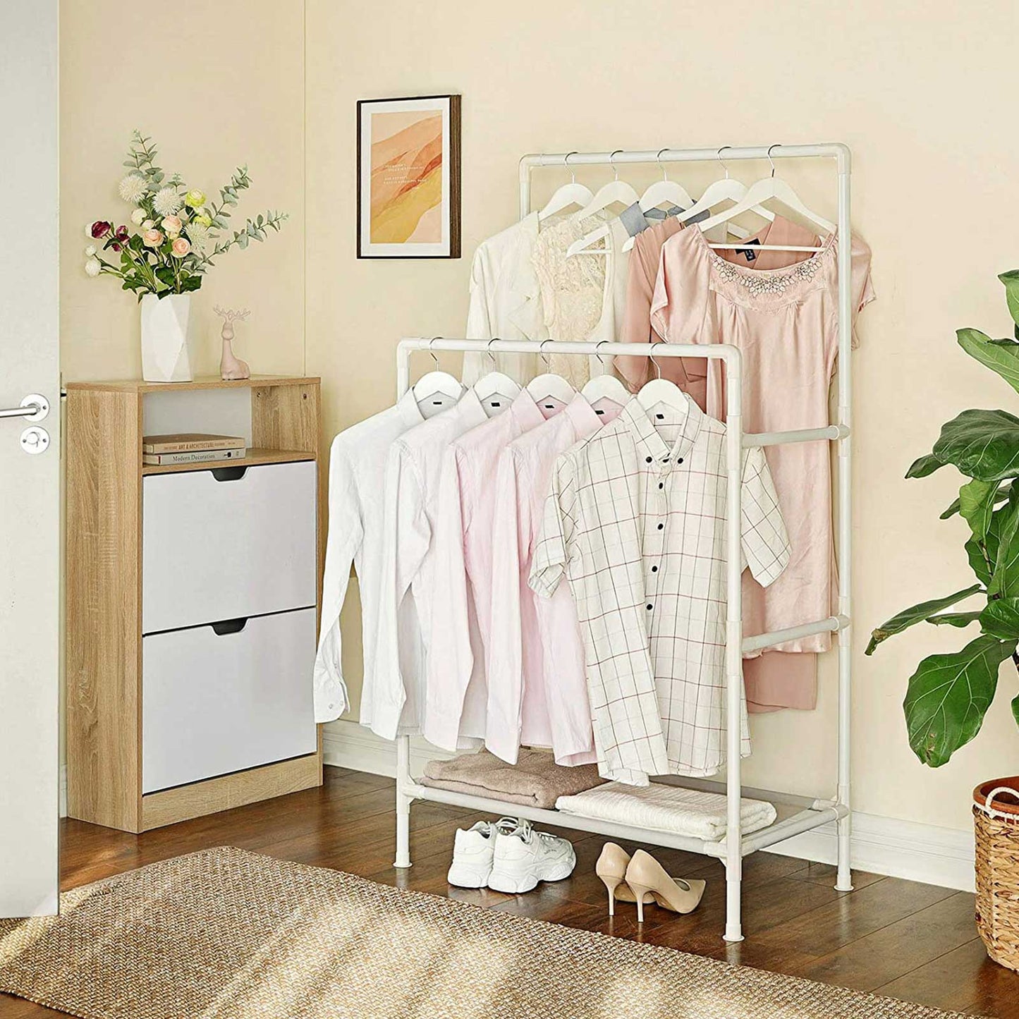Clothes Rack, Metal Stand with 2 Hanging Rails and Storage Shelf, Max. Load 55 kg, Easy Assembly, White, SONGMICS, 2