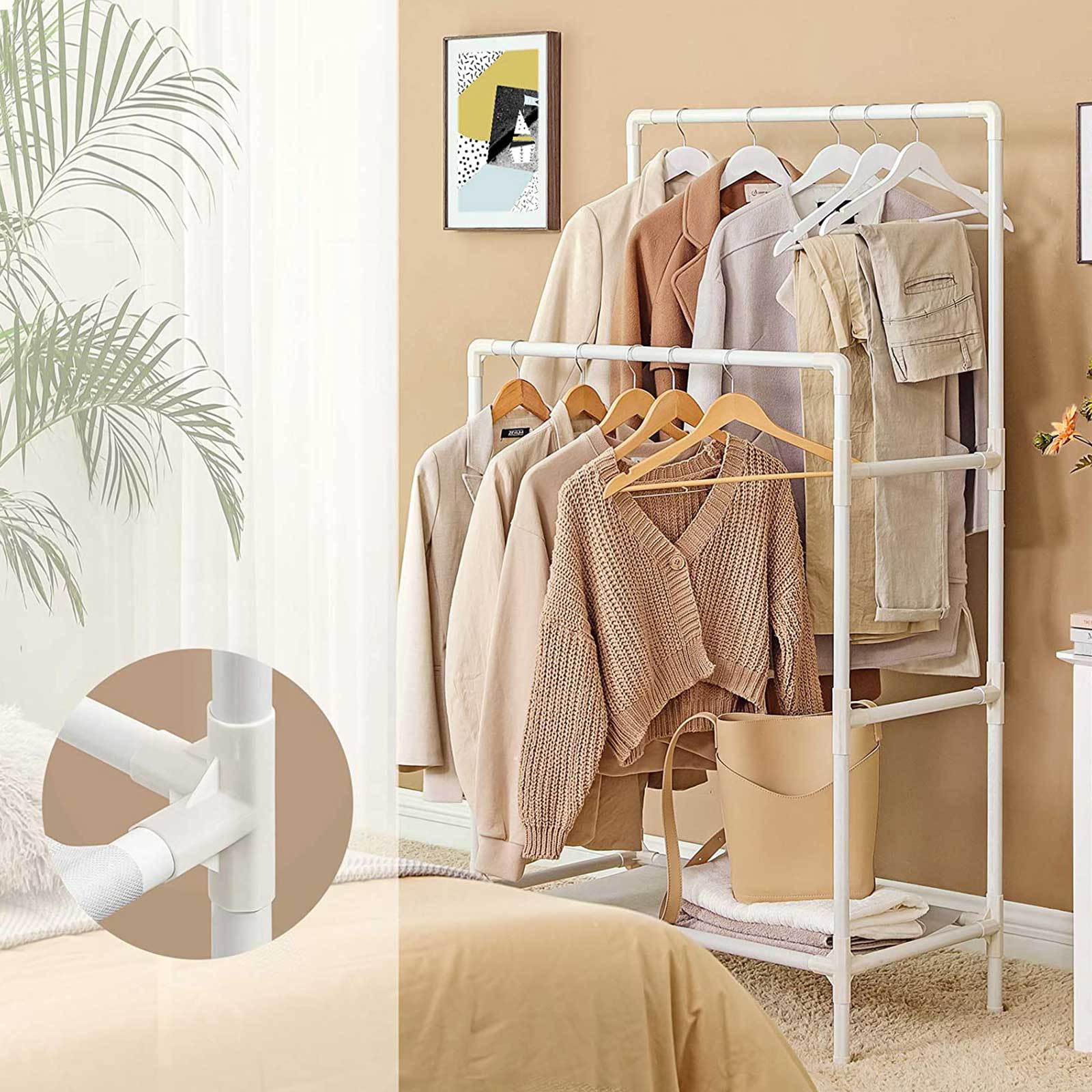 Clothes Rack, Metal Stand with 2 Hanging Rails and Storage Shelf, Max. Load 55 kg, Easy Assembly, White, SONGMICS, 3