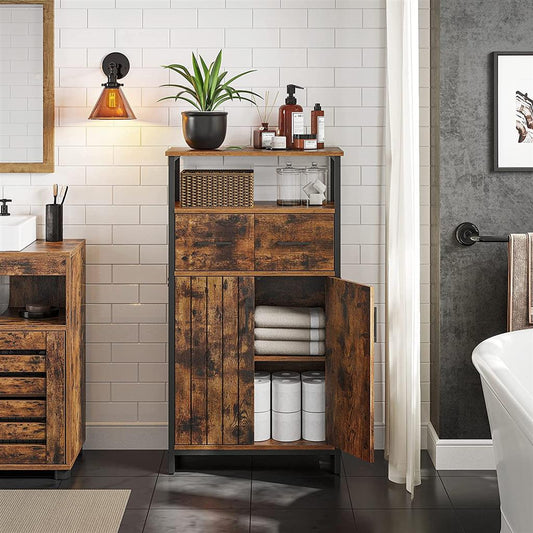 Storage Cabinet,Bathroom Cabinet with Doors and Shelves, Freestanding Floor Cabinet, Industrial, Rustic Brown and Black