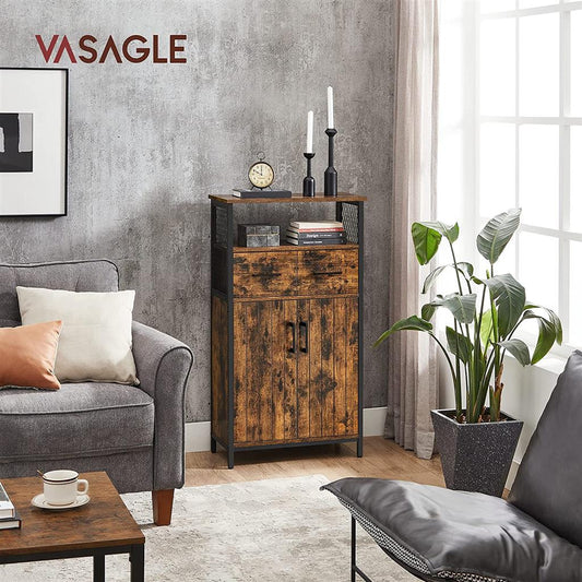 VASAGLE - Storage Cabinet,Bathroom Cabinet with Doors and Shelves, Freestanding Floor Cabinet, Industrial, Rustic Brown and Black