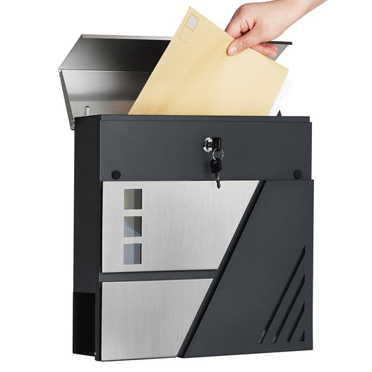 Modern Mailbox, Wall-Mounted Post Letter Box with Newspaper Holder, Stainless Steel, with Lock and Keys, SONGMICS, 2