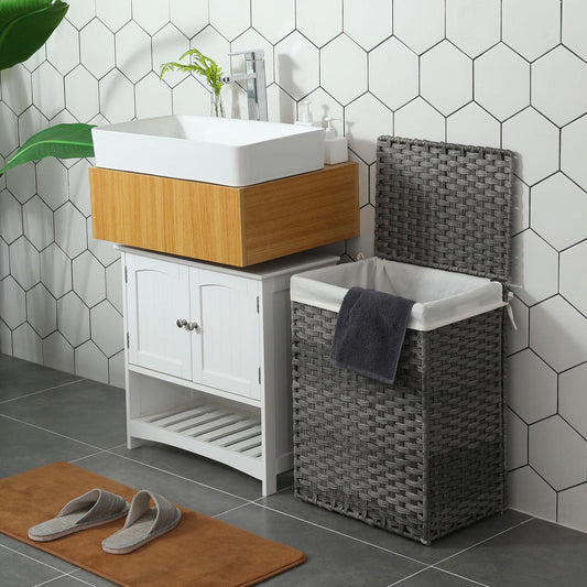 Handwoven Laundry Basket, 90L Synthetic Rattan Wicker Clothes Hamper with Lid and Handles, Foldable, Removable Liner Bag, 2