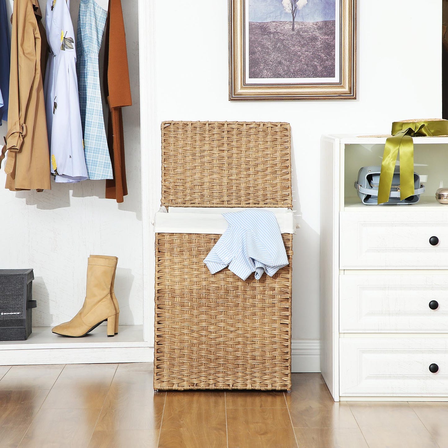 Handwoven Laundry Basket, 90L Synthetic Rattan Wicker Clothes Hamper with Lid and Handles, Foldable, Removable Liner Bag, 2