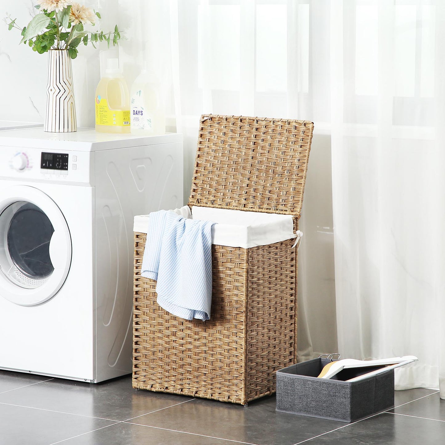 Handwoven Laundry Basket, 90L Synthetic Rattan Wicker Clothes Hamper with Lid and Handles, Foldable, Removable Liner Bag, 3