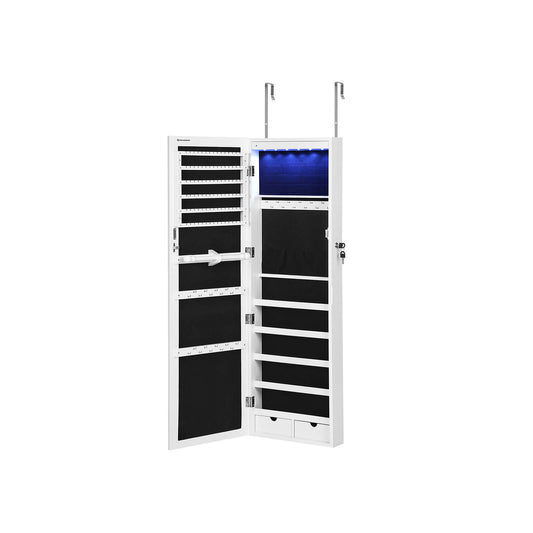 LED Jewellery Cabinet, Mirrored Jewellery Armoire, Lockable, Mounted Jewellery Organiser with 2 Drawers. Songmics, 2