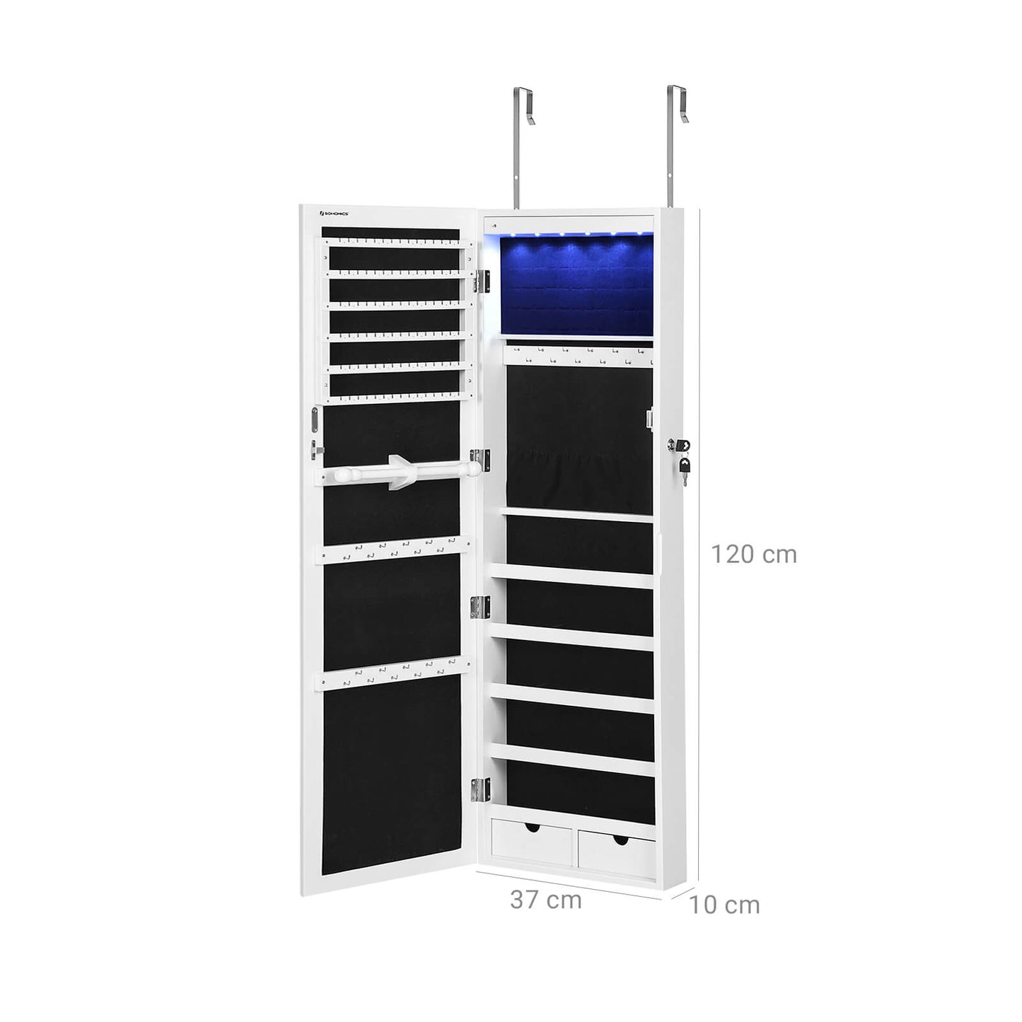 LED Jewellery Cabinet, Mirrored Jewellery Armoire, Lockable, Mounted Jewellery Organiser with 2 Drawers. Songmics, 5