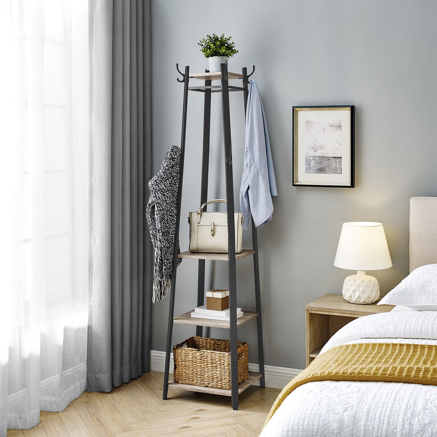 VASAGLE - Coat Rack, Coat Stand with 3 Shelves, Ladder Shelf with Hooks for Scarves, Bags and Umbrellas, Steel Frame, Industrial Style