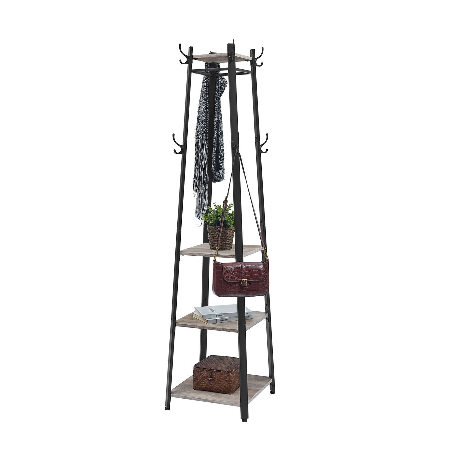 VASAGLE - Coat Rack, Coat Stand with 3 Shelves, Ladder Shelf with Hooks for Scarves, Bags and Umbrellas, Steel Frame, Industrial Style