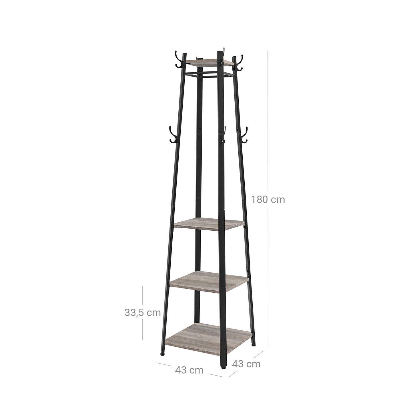 VASAGLE - Coat Rack, Coat Stand with 3 Shelves, Ladder Shelf with Hooks for Scarves, Bags and Umbrellas, Steel Frame, Industrial Style