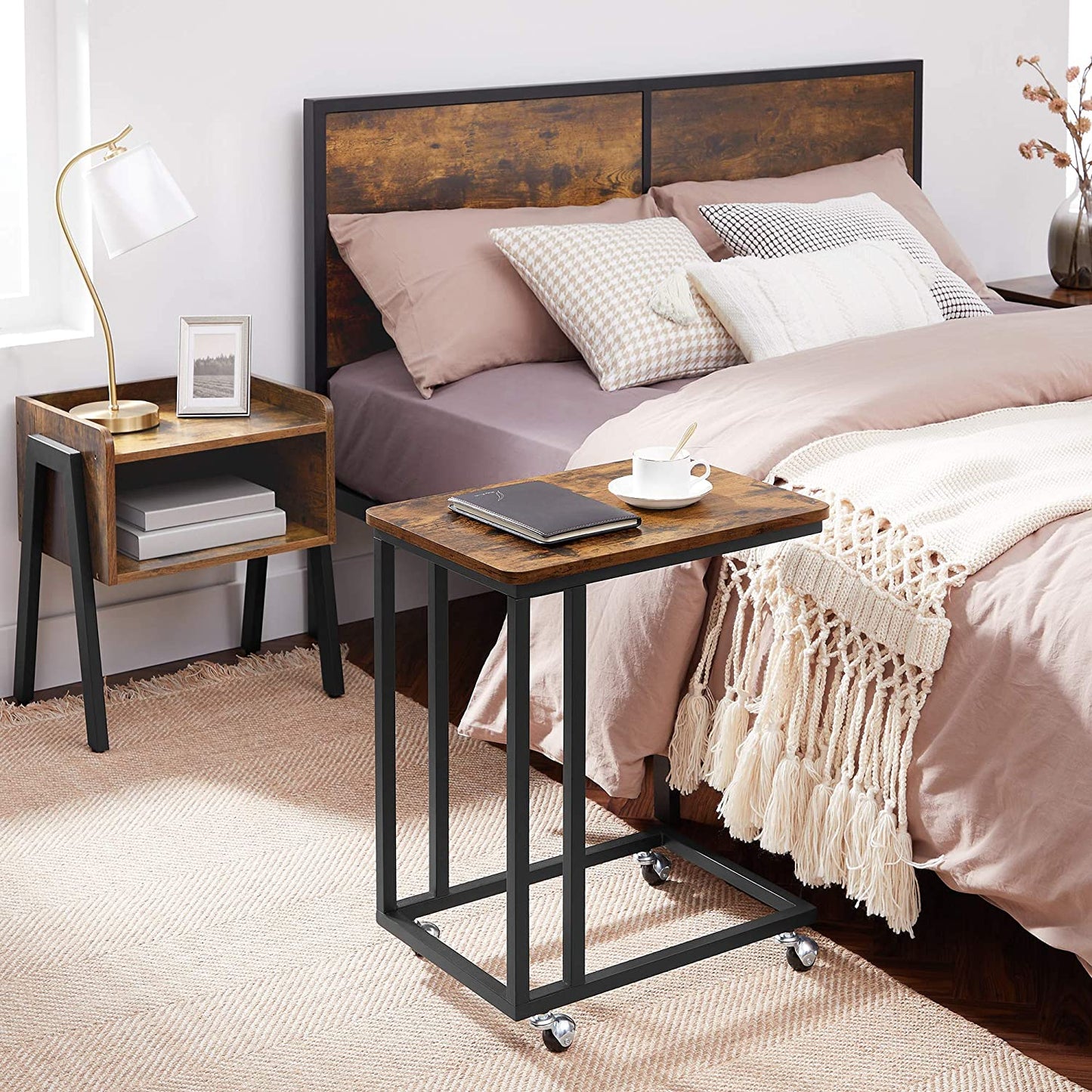 End Table, Industrial Side Table, Easy to Assemble, Coffee Table, with Metal Frame and Rolling Castors, VASAGLE, 1