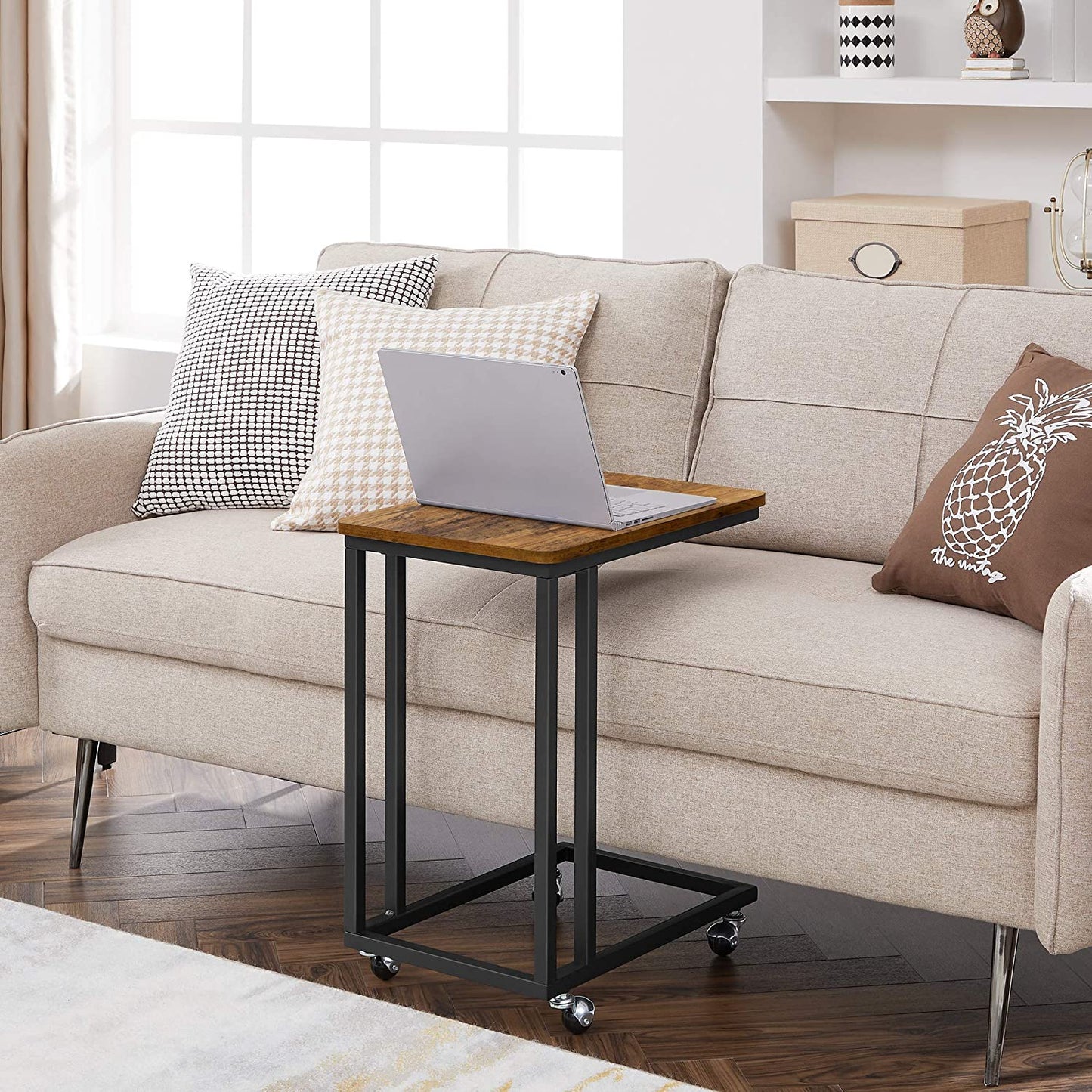 End Table, Industrial Side Table, Easy to Assemble, Coffee Table, with Metal Frame and Rolling Castors, VASAGLE, 2