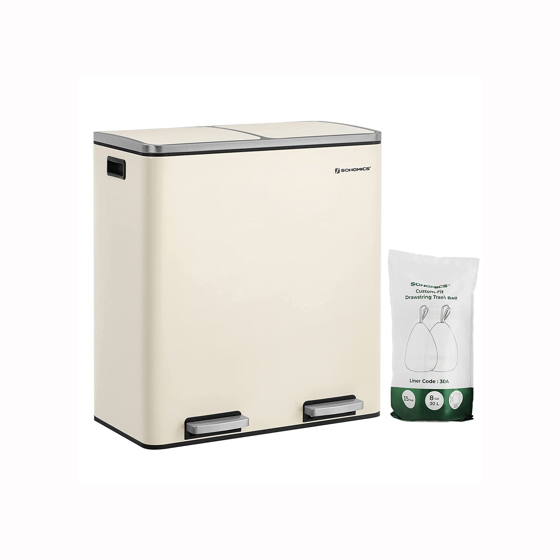 Dual Rubbish Bin, 2 x 30L Recycling Bin, Metal Pedal Bin, with Dual Compartments, Plastic Inner Buckets and Hinged Lids, 1